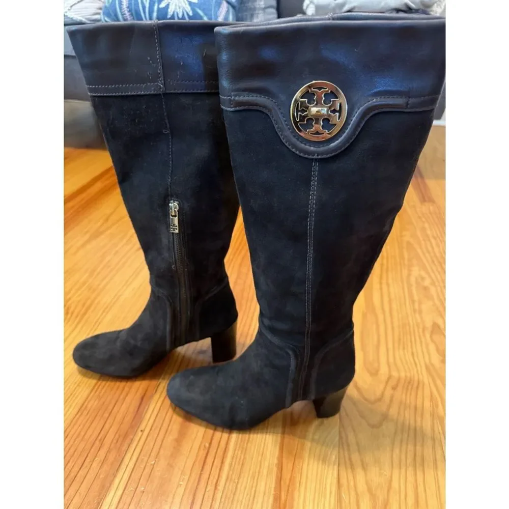 Tory Burch Selma Mid Heel Tall Riding Boots Womens SIZE 8.5M Brown Suede Leather
